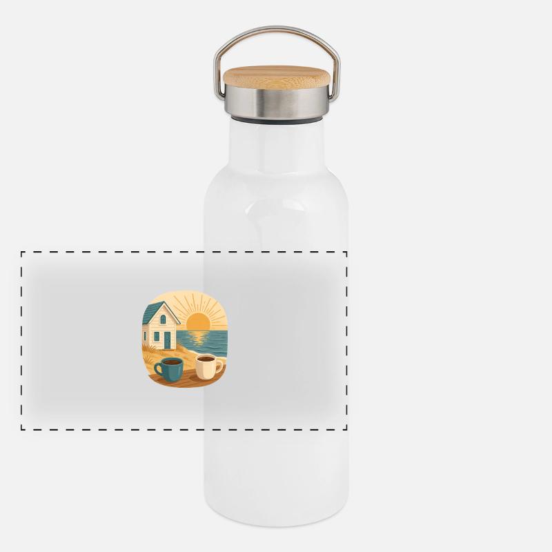 Morgensonne über dem Strandhaus Panorama Thermosflasche mit Bambusdeckel
