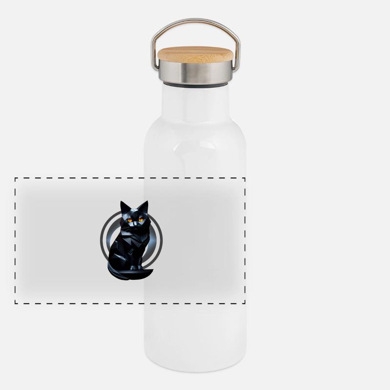 Chat noir de face origami Gourde isotherme avec bouchon en bambou