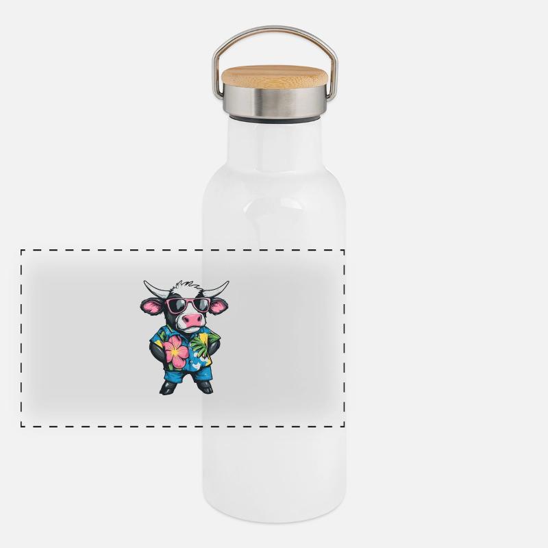 Kuh Comic Urlaub Panorama Thermosflasche mit Bambusdeckel