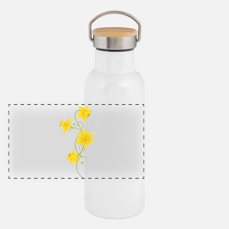Filigree Daffodils Flowers. Spring, Easter. Panoramic Thermal Bottle with Bamboo Lid
