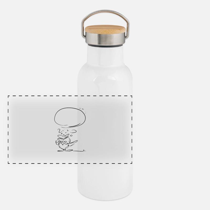 Eule fragend Panorama Thermosflasche mit Bambusdeckel