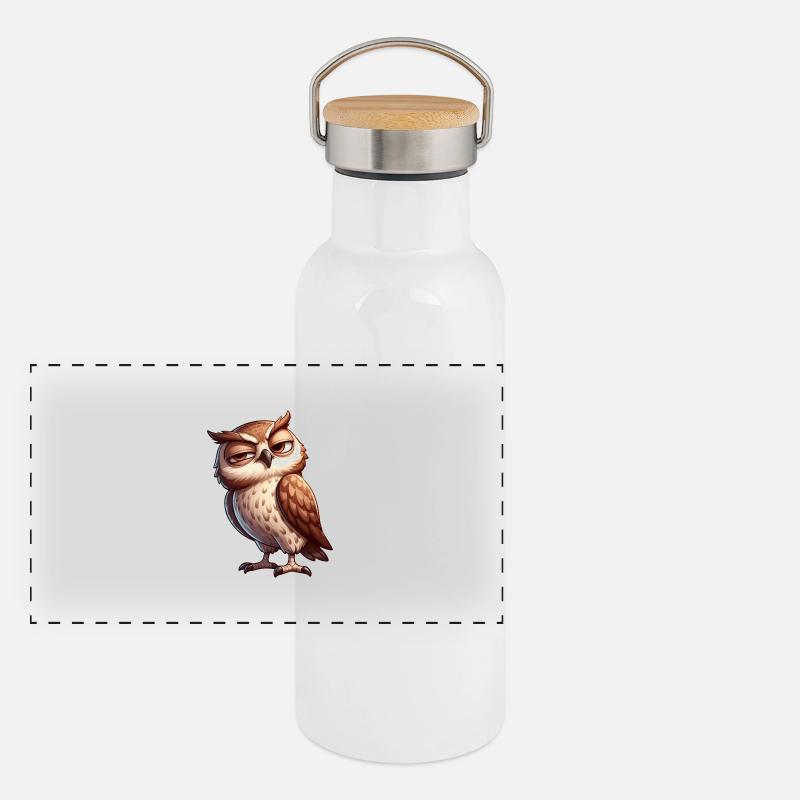 Skeptische freche lustige Cartoon Eule Panorama Thermosflasche mit Bambusdeckel