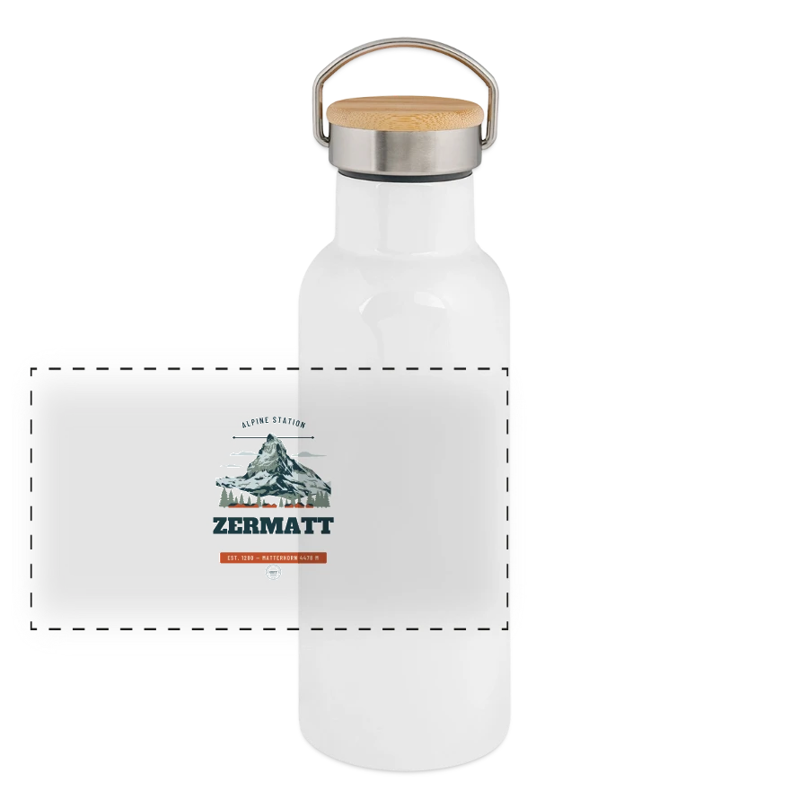 Zermatt badge on a panoramic thermal bottle with bamboo lid, white
