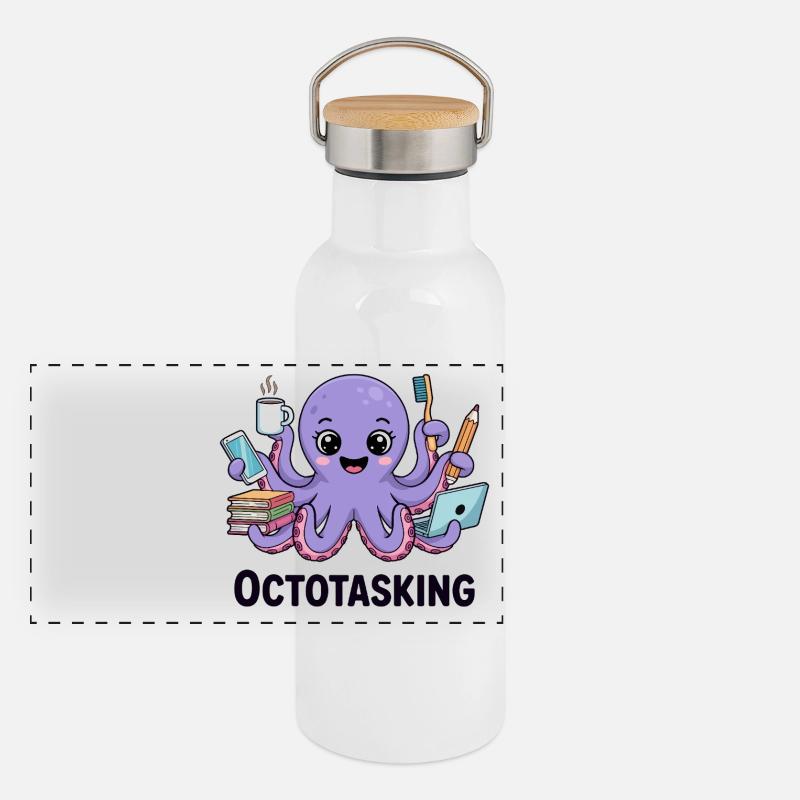 Octotasking Creature in Multitask Mode Panoramic Thermal Bottle with Bamboo Lid