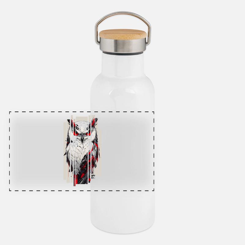 Cyborg Eule Kanji Rot Gold Panorama Thermosflasche mit Bambusdeckel