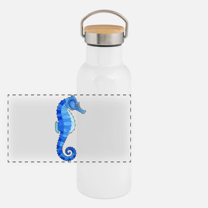 Geometrisches Blaues Seepferd-Print Panorama Thermosflasche mit Bambusdeckel