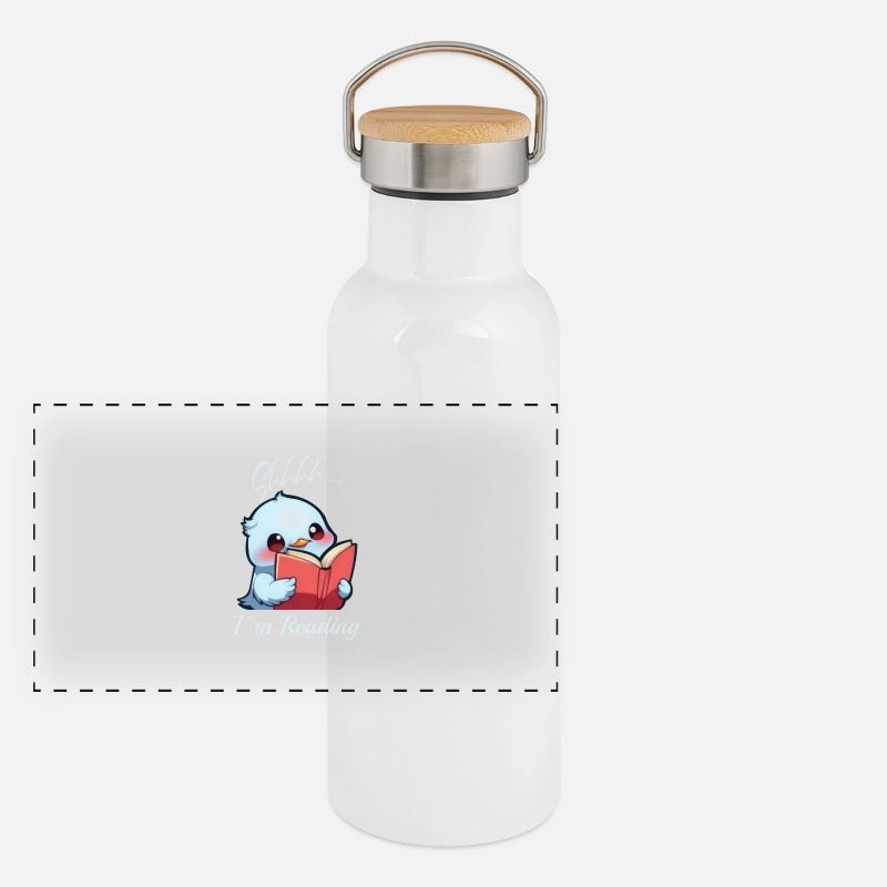 Vogel mit Buch Panorama Thermosflasche mit Bambusdeckel