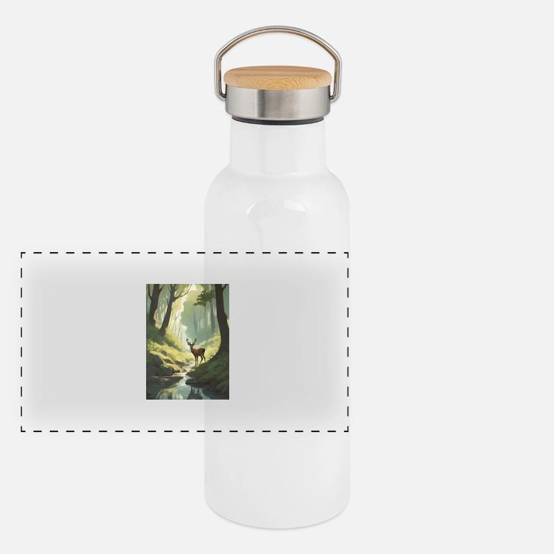 Hirsch im Wald Grün Panorama Thermosflasche mit Bambusdeckel
