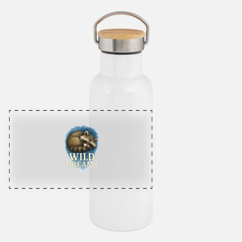 Wild Dreams – Schlafender Waschbär Aquarell Panorama Thermosflasche mit Bambusdeckel