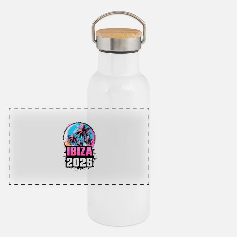 Ibiza 2025 Palmen Panorama Thermosflasche mit Bambusdeckel