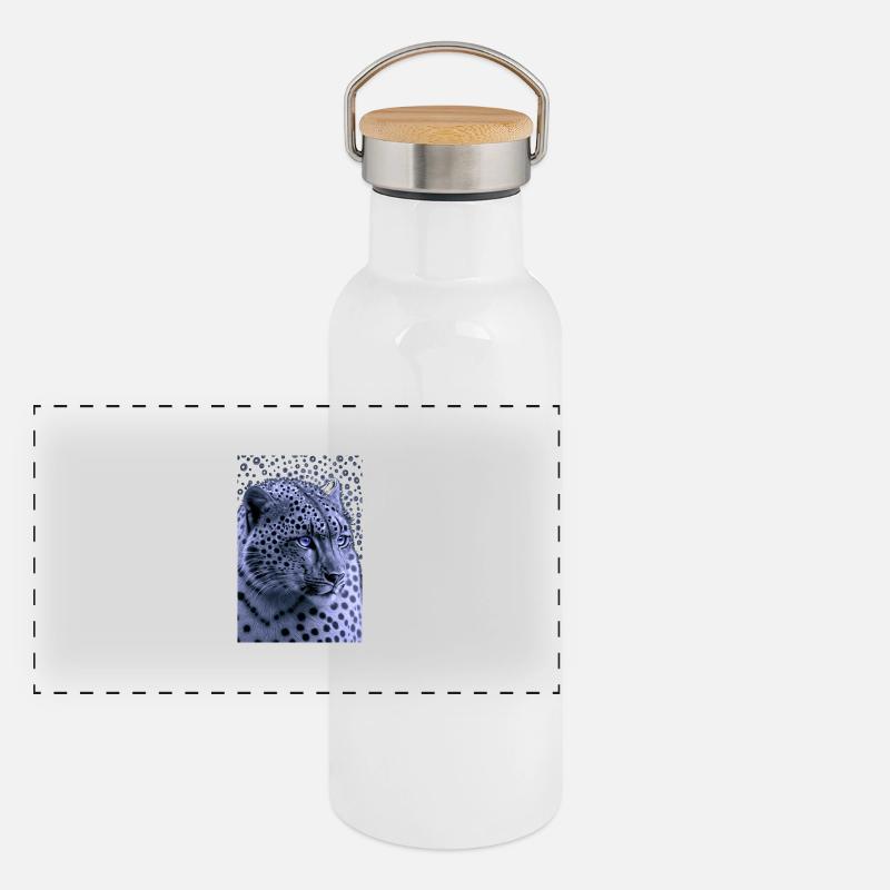 Schneeleopard Blaue Augen Panorama Thermosflasche mit Bambusdeckel