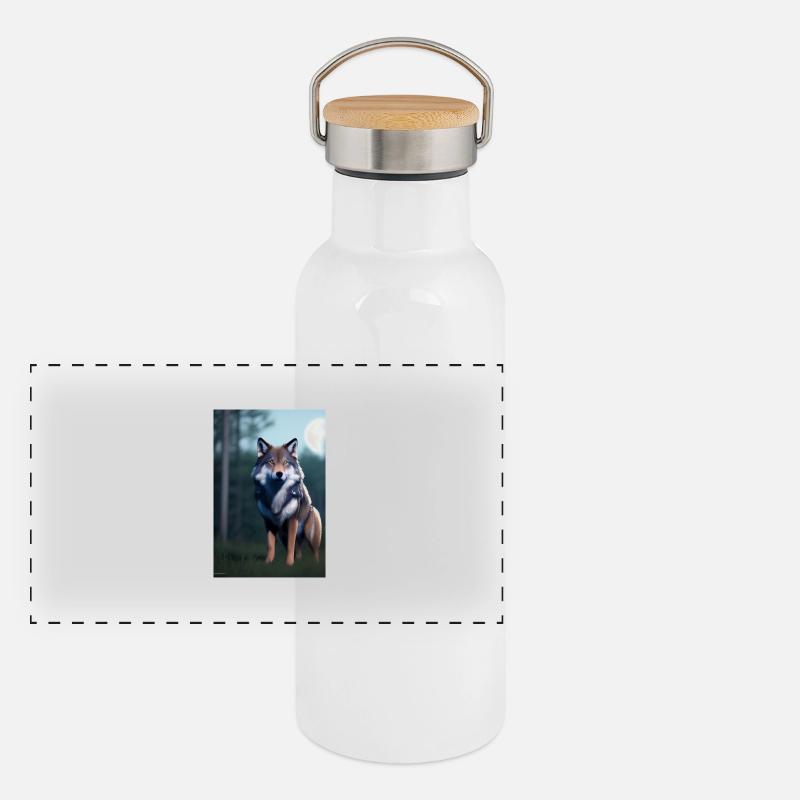 Wolf und Mond Panorama Thermosflasche mit Bambusdeckel