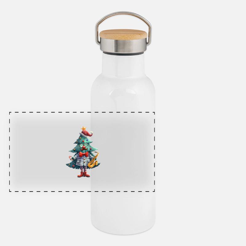 Mr.Tree, witziger Weihnachtsbaum Mann mit Saxophon Panorama Thermosflasche mit Bambusdeckel