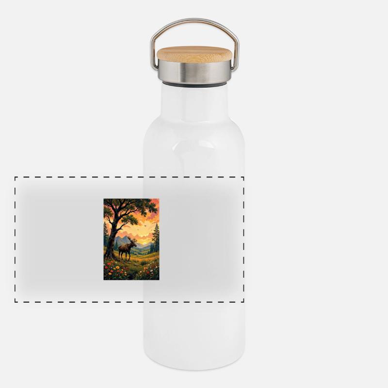 Image : Paysage avec orignal. Gourde isotherme avec bouchon en bambou