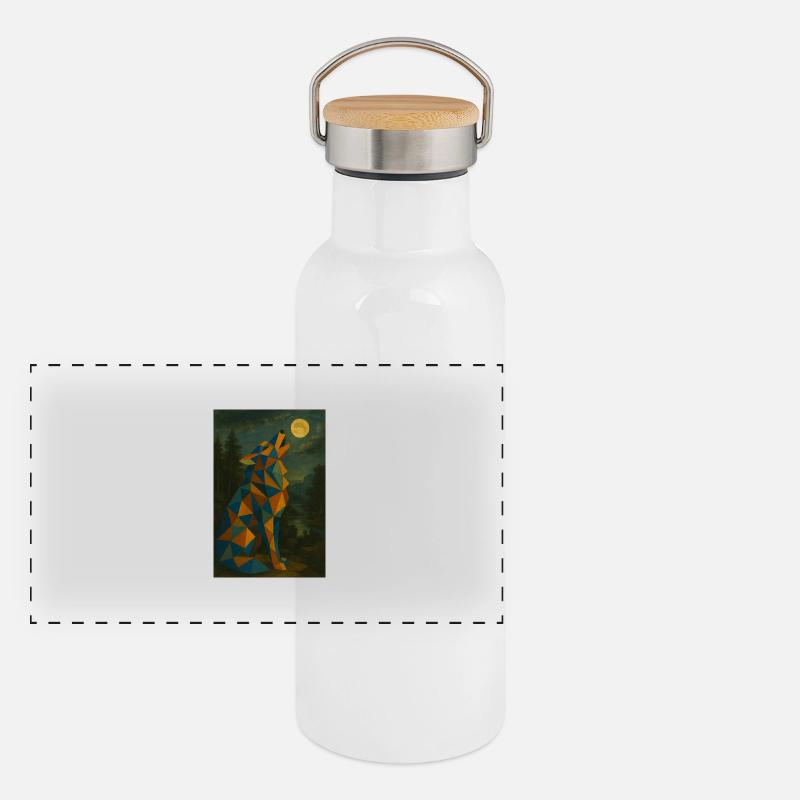 Wolf heult Mond an Panorama Thermosflasche mit Bambusdeckel