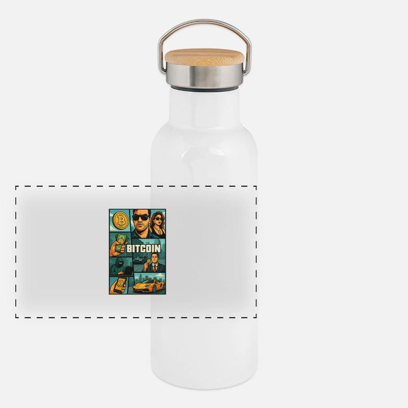 20250507 0850 Bitcoin in GTA Style simple compo Panorama Thermosflasche mit Bambusdeckel