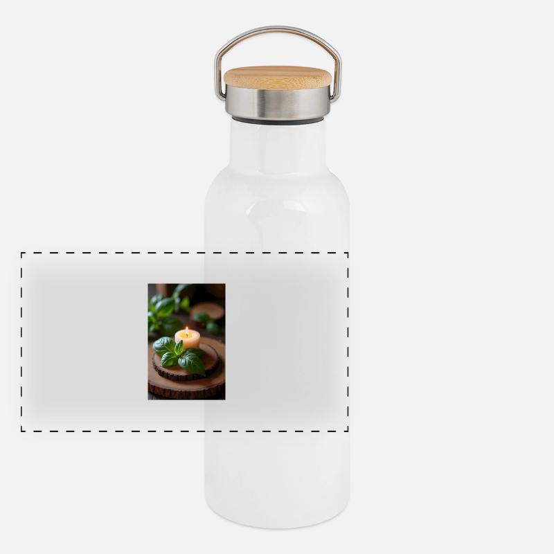 Burning candle with basil on rustic wood Panoramic Thermal Bottle with Bamboo Lid