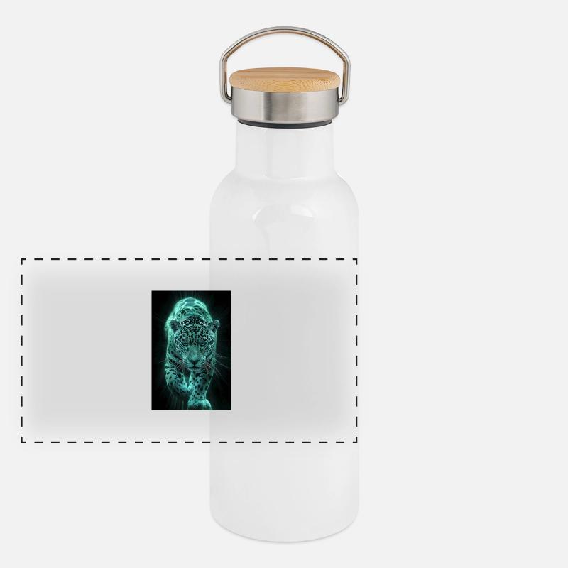 Neonfarbener Jaguar in Bewegung Panorama Thermosflasche mit Bambusdeckel