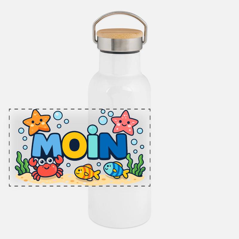 MOIN Möwe Leuchtturm Maritim Bunt - Panorama Thermosflasche mit Bambusdeckel - Weiß
