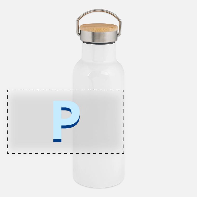 Pop und moderner blauer Buchstabe p Panorama Thermosflasche mit Bambusdeckel