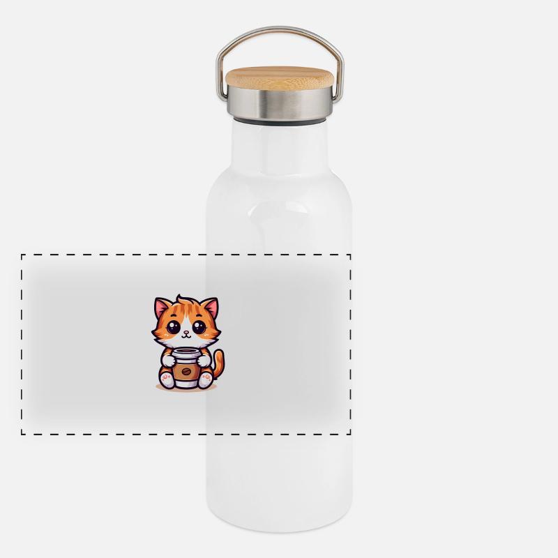 Katze mit Kaffeebecher 3 - Panorama Thermosflasche mit Bambusdeckel - Weiß