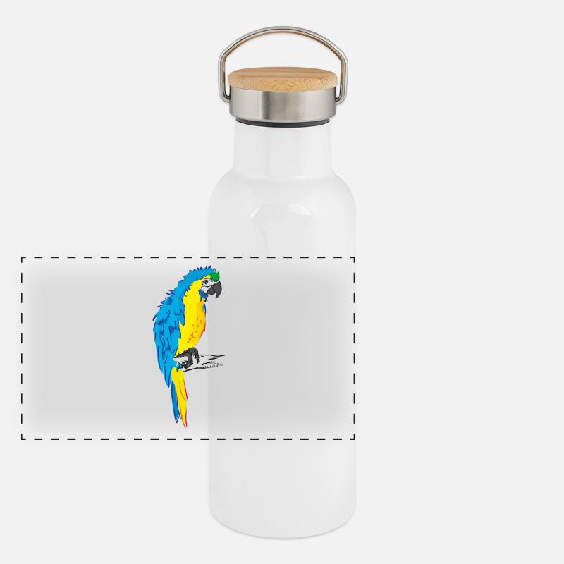 Macaw parrot yellow, blue drawing Panoramic Thermal Bottle with Bamboo Lid