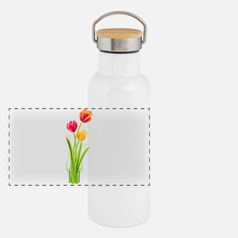 Three brightly coloured tulips as a spring bouquet Panoramic Thermal Bottle with Bamboo Lid