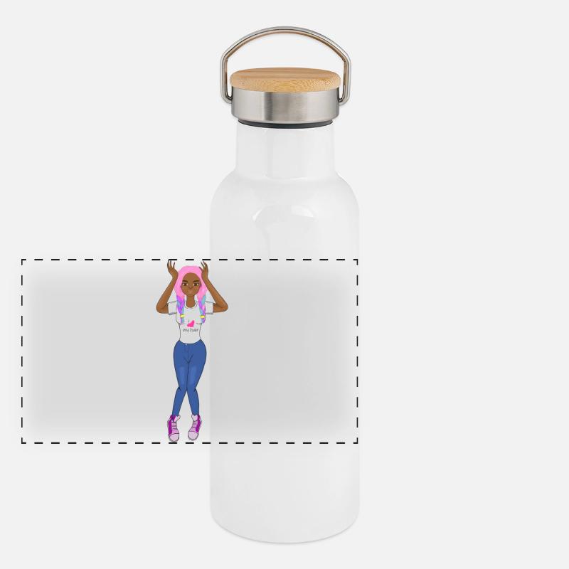 Schwarzes Mädchen, pinke Zöpfe, Haare, süßes Afro-Mädchen, Panorama Thermosflasche mit Bambusdeckel