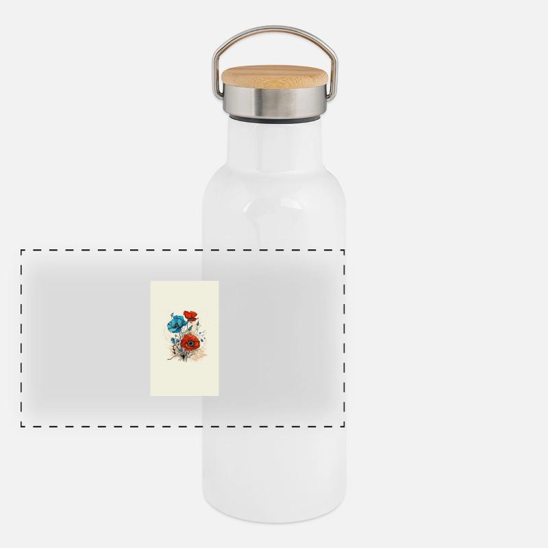 Mohnblumen - Panorama Thermosflasche mit Bambusdeckel - Weiß