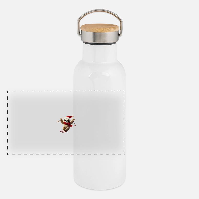 Faultier Skifahren Panorama Thermosflasche mit Bambusdeckel