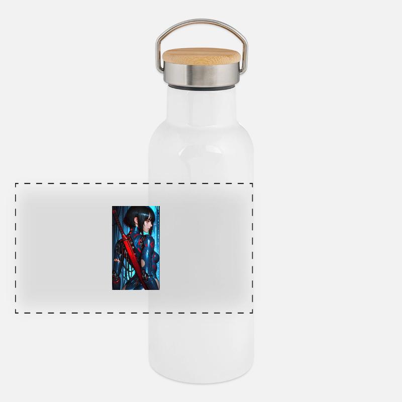 3D Blau/Rot Cyberpunk-Samurai-Kriegerin mit Katana Panorama Thermosflasche mit Bambusdeckel