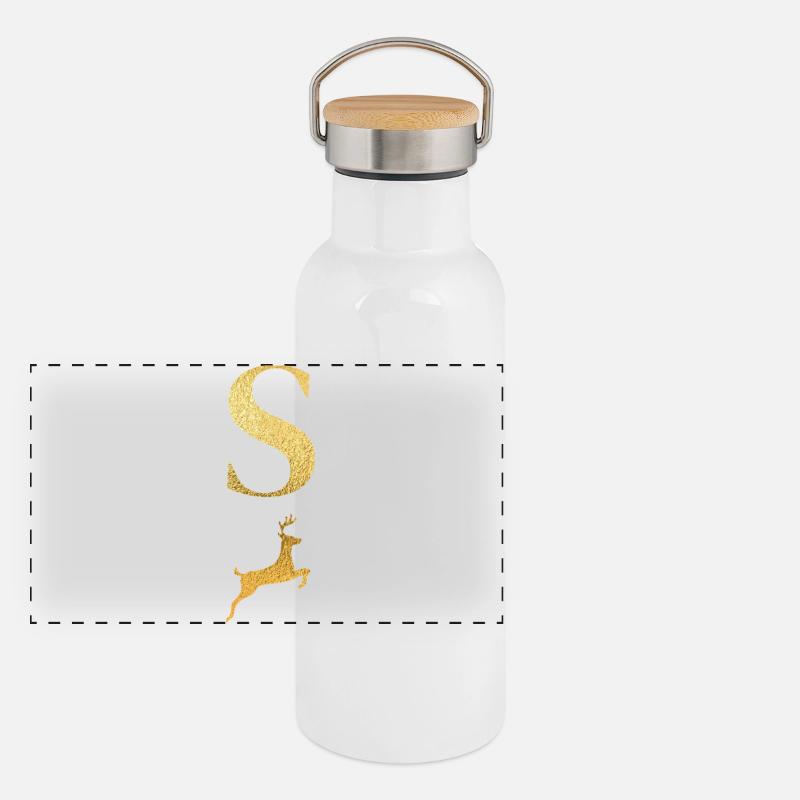 Buchstabe s goldener Hirsch - Geschenkidee Panorama Thermosflasche mit Bambusdeckel