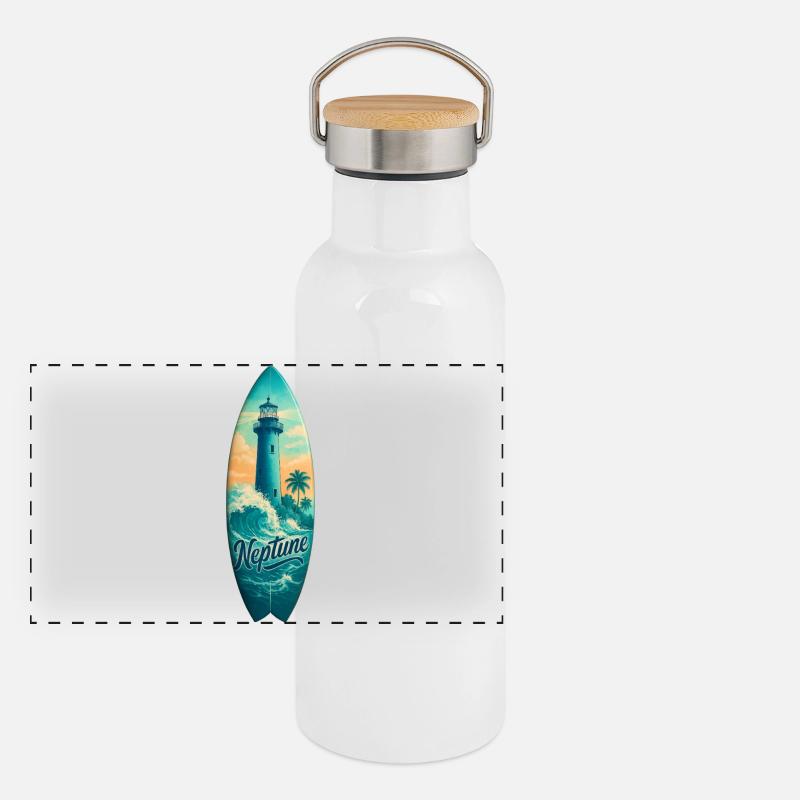Neptune Lighthouse Surfboard - Panoramic Thermal Bottle with Bamboo Lid - white