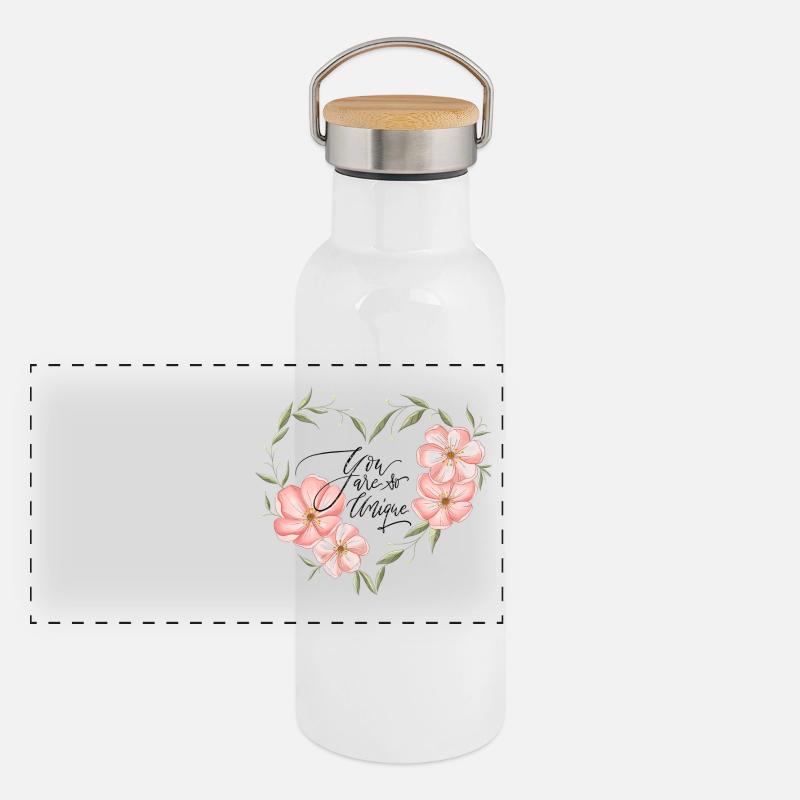 Herz, Blumen, Blätter. Du bist so einzigartig. Panorama Thermosflasche mit Bambusdeckel