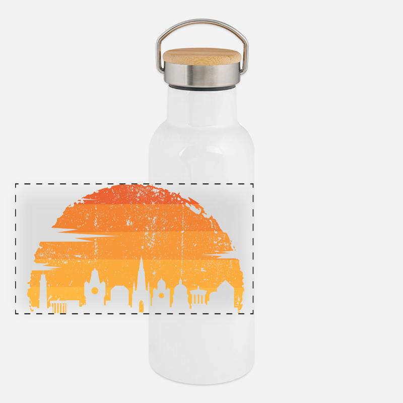 Silhouette de paysage urbain de coucher de soleil doré Gourde isotherme avec bouchon en bambou
