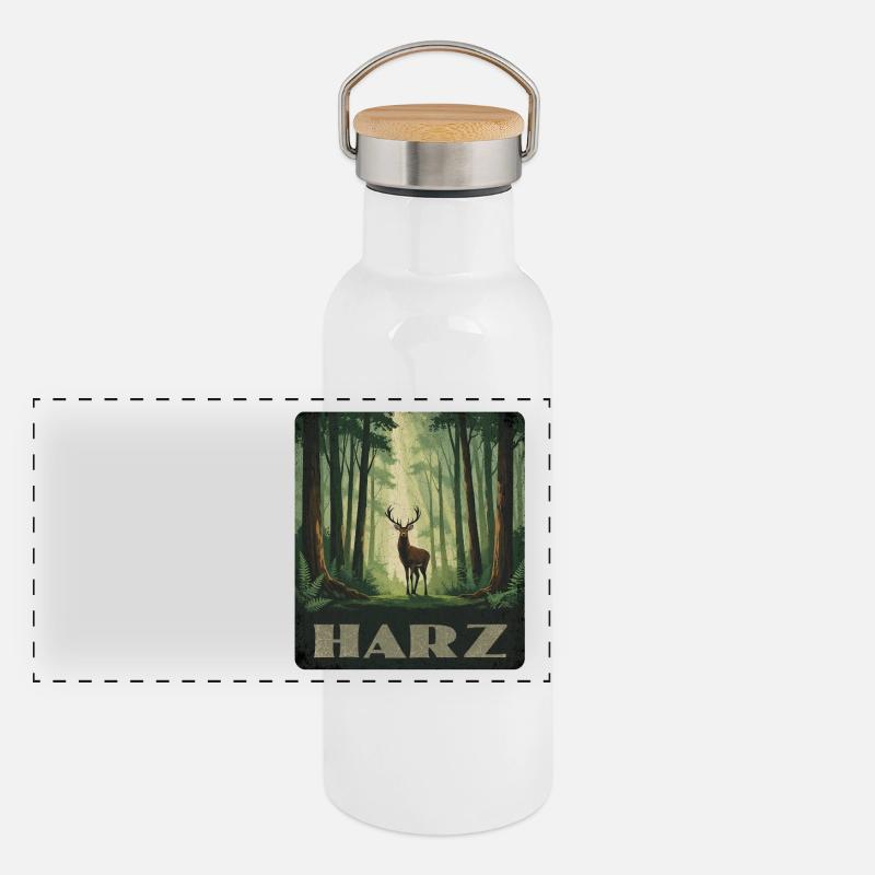 Harz Wald und Hirsch - Panorama Thermosflasche mit Bambusdeckel - Weiß