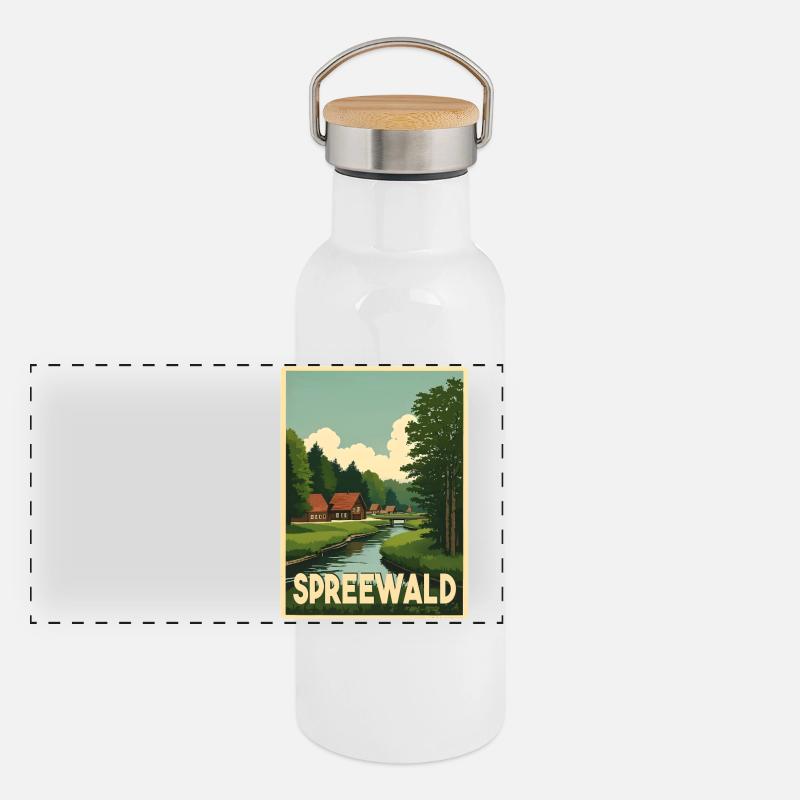 Spreewald - Panorama Thermosflasche mit Bambusdeckel - Weiß