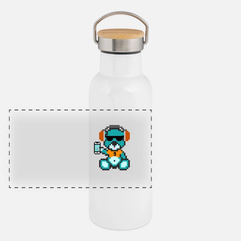 Pixel Bär Geek Panorama Thermosflasche mit Bambusdeckel