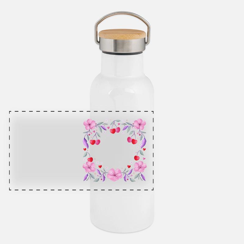 Couronne florale de fleurs de cerisier, cœurs, cerises Gourde isotherme avec bouchon en bambou