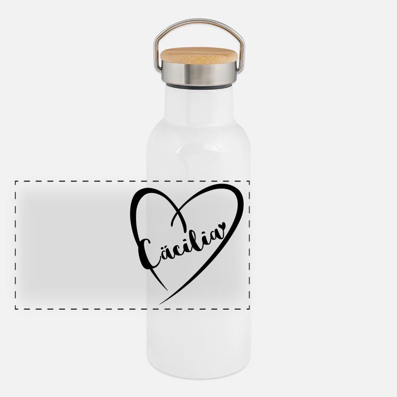 Cäcilia Name Vorname im Herzrahmen - Panorama Thermosflasche mit Bambusdeckel - Weiß