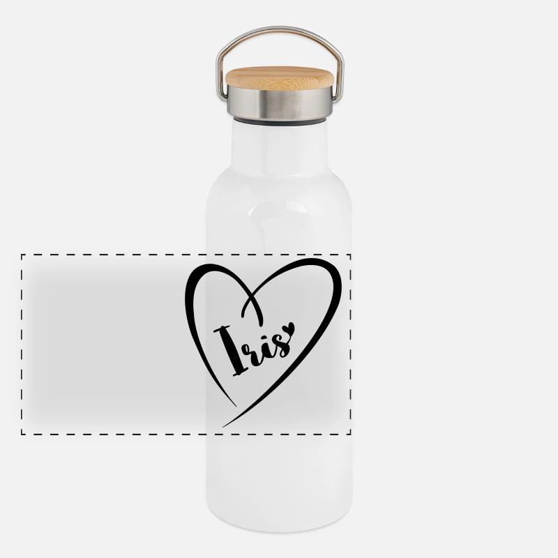 Iris Name Vorname im Herzrahmen Panorama Thermosflasche mit Bambusdeckel