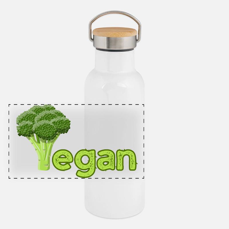 Vibrant Vegan Broccoli Logo - Panoramic Thermal Bottle with Bamboo Lid - white