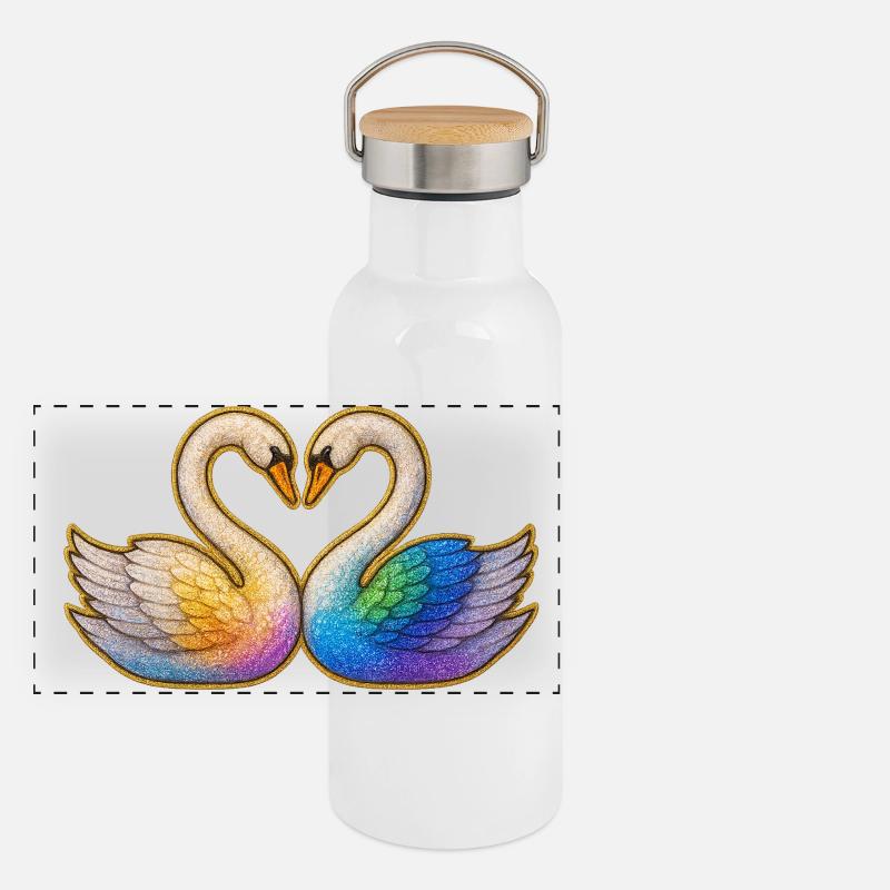 Regenbogenherz Schwanenpaar Panorama Thermosflasche mit Bambusdeckel