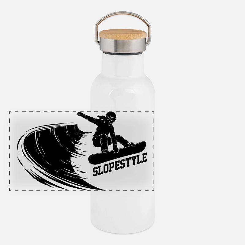 Slopestyle Snowboard Action in the Mountains Panoramic Thermal Bottle with Bamboo Lid