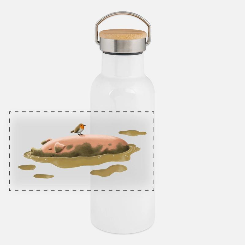 Schwein im Dreck Panorama Thermosflasche mit Bambusdeckel