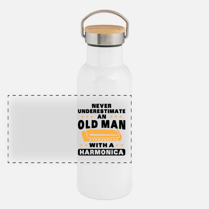 Ein alter Mann mit einer Mundharmonika Panorama Thermosflasche mit Bambusdeckel