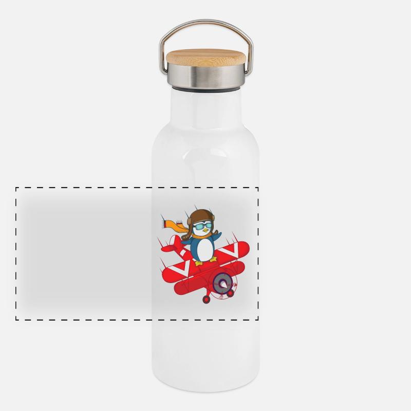 Penguin flies red biplane Panoramic Thermal Bottle with Bamboo Lid