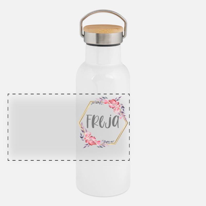 Freja Mädchen Name personalisiertes Geschenk Panorama Thermosflasche mit Bambusdeckel