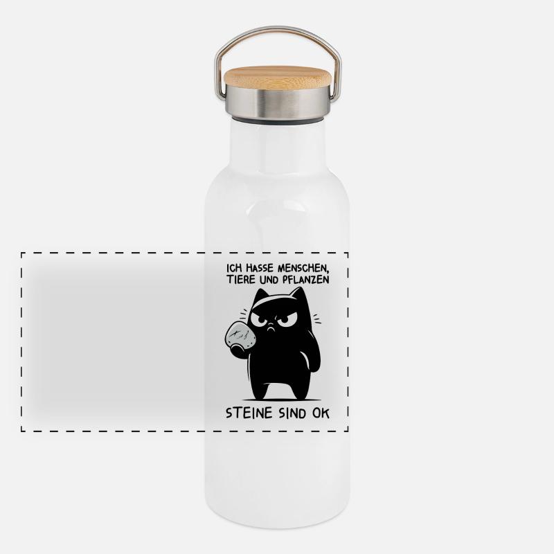 Ich hasse Menschen, Tiere und Pflanzen - Katze Panorama Thermosflasche mit Bambusdeckel