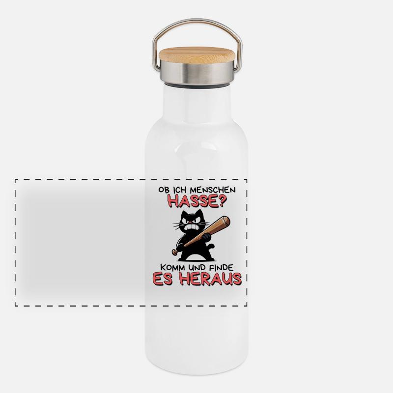 Hasse? Es heraus – Schwarzer Humor Katze Panorama Thermosflasche mit Bambusdeckel